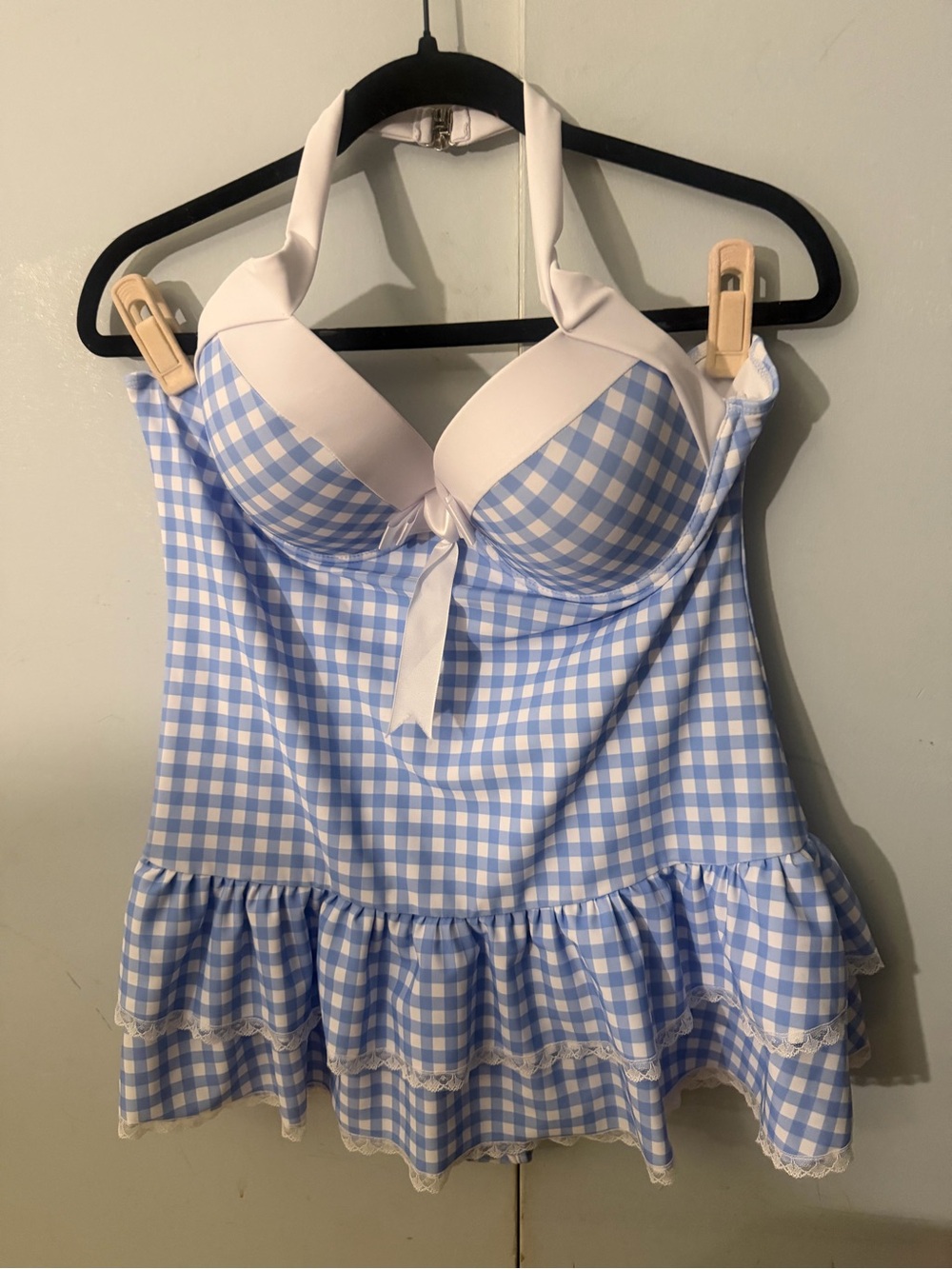 Blue Gingham Retro Pin-Up Halter One Piece Swimsuit XL